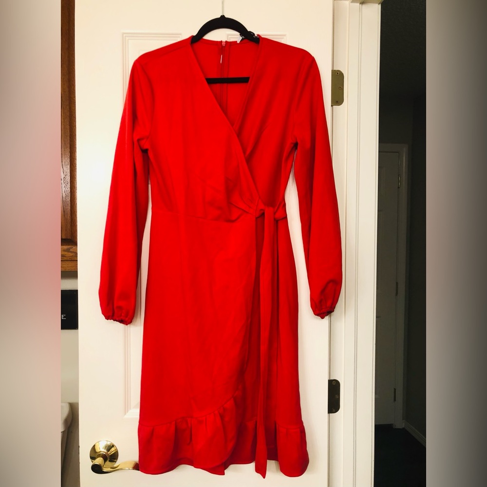 Kate Kasin Size Small Solid Red V Neck long sleeve summer wrap dress  NWT